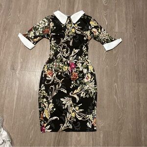 Floral Black Dress with White Collar